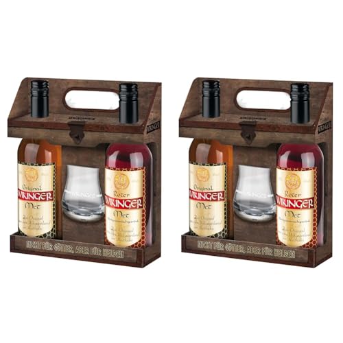 Wikinger Met Lagerfeuer-Set (2 x 0,75l) inkl. Wikinger Haithabu-Glas – Original & Roter Met Honigwein aus dem Wikingerland – 2-er Honigmet ideal pur, als Aperitif oder Heißgetränk – 11 & 6% Vol. von ebaney