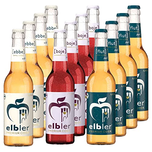 Elbler Cider, Mix 12-er Pack: 4 x Ebbe 2.5% Vol., 4 x Boje 4.0% Vol., 4 x Flut 5.0% Vol., 0,33 l, inkl. 0,96€ Pfand, Äpfel & Brombeeren, Vegan, Handgemachter Cider, 100% Bio-Obst, Kalorienarm von elbler