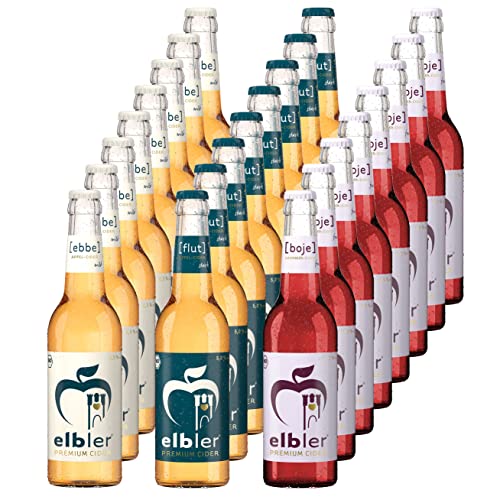 Elbler Cider, Mix 24-er Pack: 8 x Ebbe 2.5% Vol., 8 x Boje 4.0% Vol., 8 x Flut 5.0% Vol., 0,33 l, inkl. 1,92€ Pfand, Äpfel & Brombeeren, Vegan, Handgemachter Cider, 100% Bio-Obst, Kalorienarm von elbler