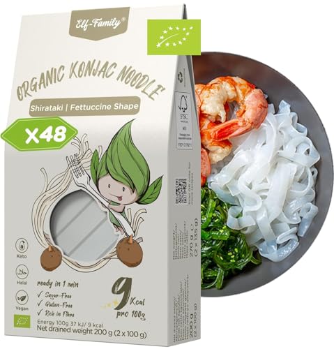 Elf-Family Bio Konjak Nudeln (-Fettuccine) 9kcal Low Carb Shirataki Nudeln Vegan/Glutenfrei-270g x48er Box(12 pack), Instant Pasta Nudeln ohne kohlenhydrate/Kalorienarme/Fettfrei/Zuckerfrei MHD:12/11 von elf-family