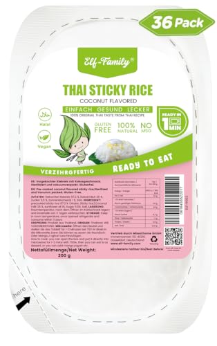 Elf-Family Express-Reis Thai Klebriger Reis Dessert [Diätbox für 6 Wo.]- Kokos Geschmack aus Thailand - Fertiggerichte für Mikrowelle in 1 Min - Glutenfrei/Vegane/Kalorienarme- 36er Box von elf-family