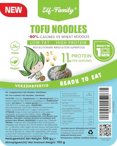 Elf-Family Tofu-Nudeln - Low Carb, 11g Protein Nudeln, Weniger Kohlenhydrate, Instant Nudeln fein, Vegan, Weiche & tofuähnliche Konsistenz, 0.1cm Durchmesser, Fettarm, Zuckerfrei, 300g von elf-family