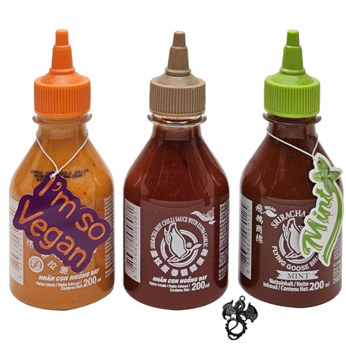 3er Set Sriracha Hot Chili Sauce Flying Goose 3 x 200 ml Chilli Soße (Sorten: Mint-Garlic-Mayo) mit esnado Drachenanhänger… von esnado