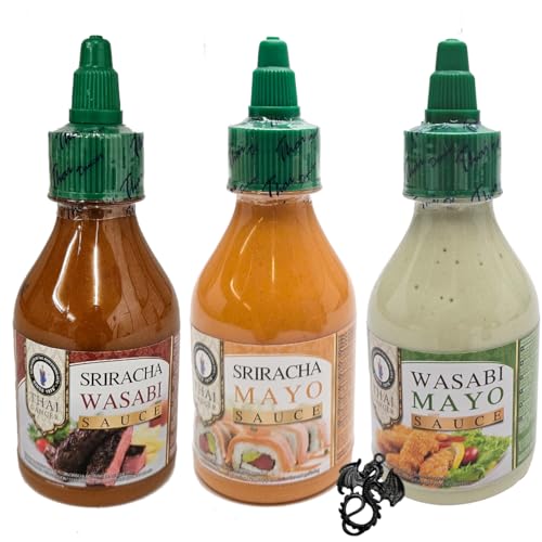 3x 200 ml Thai Dancer Würzsaucen im Probier Set | Wasabi Mayo, Sriracha Mayo, Sriracha Wasabi | 3 x 200 ml mit esnado Drachenanhänger | Für Fleischgerichte, Gegrilltes und Gemüse von esnado