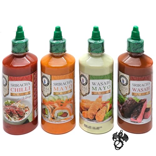 4x 450 ml Thai Dancer Würzsaucen im Set | Wasabi Mayo, Sriracha Mayo, Sriracha Wasabi, Chili, | 4 x 450 ml mit esnado Drachenanhänger | Für Fleischgerichte, Gegrilltes und Gemüse von esnado