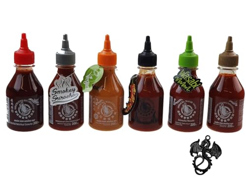 6er Set Sriracha Hot Chili Sauce versch. Sorten 6 x 200ml Chilli Soße + esnado Drachenanhänger von esnado