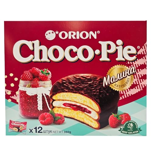 Orion Choco Pie Himbeer | 3 Packungen x 12 Mini Kuchen, einzeln verpackt, halal | Mini Biskuit-Kuchen mit Marshmallow-Mittelschicht, Fruchtcremefüllung und Schokoladenüberzug 360g/Pck. von esnado