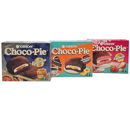 Orion Choco Pie Mix | je 1x Erdbeere, Aprikose, Karamell | einzeln verpackt, halal | Mini Kuchen 12Stk/Pck. von esnado