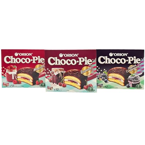Orion Choco Pie Mix | je 1x Himbeer, Schwarze Johannisbeere, Kirsche | einzeln verpackt, halal | Mini Kuchen 12Stk/Pck. von esnado