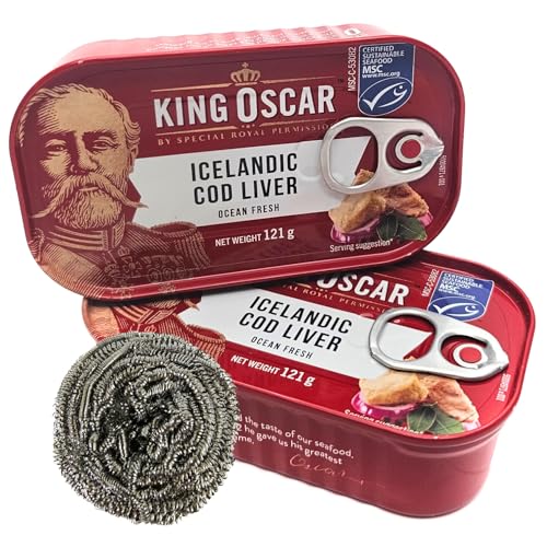 12 x King Oskar Dorschleber | Cod liver aus Island, Fisch Konserven (12 x 121g netto) + esnado Edelstahl Spiraltopfreiniger Gratis von esnado