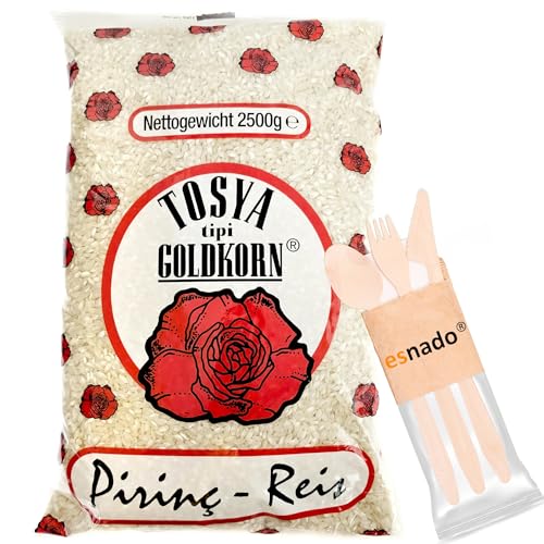 esnado Tosya Goldkorn Reis | 1 x 2,5 kg - Ideal für türkisches Pilav, als Risotto Reis, oder für gefüllte Weinblätter + esnado Holz Einwegbesteck von esnado