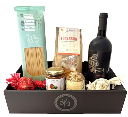 Geschenkkorb Italien mit trockenem Rotwein, Spaghetti, Sugo, Gewürzmischung, Focaccine und Amaretti | Präsentkorb für Weinliebhaber und Freunde der italienischen Küche | von FABELHAFTE GESCHENKE