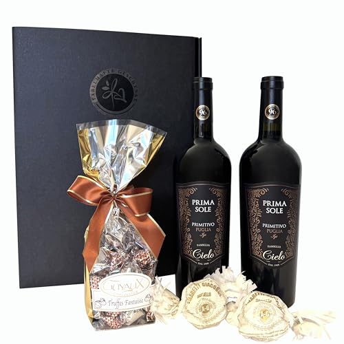 Geschenkset Rotwein Primitivo mit feinsten Schokoladentrüffeln und Amaretti | Ein Präsentkorb für Männer und Frauen zu besonderen Anlässen. von FABELHAFTE GESCHENKE