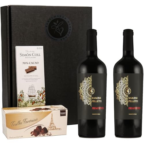 Geschenkset 2 Fl. italienischer Rotwein Primitivo Barone Pelletti mit Schokoladentrüffeln und dunkler Schokolade | Weinpräsent für Genießer von FABELHAFTE GESCHENKE