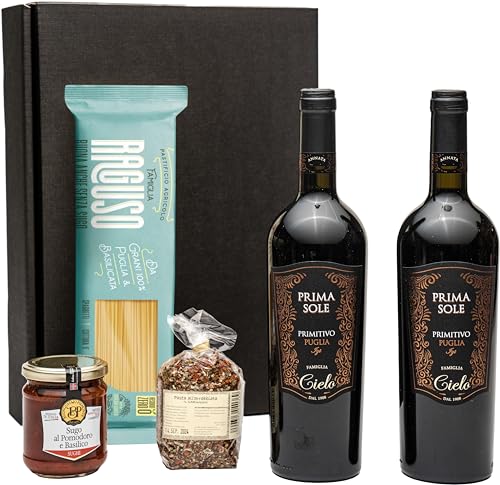 Geschenkkorb Italia mit trockenem Rotwein, Pasta, Sugo Basilico und Gewürzmischung all`Arrabiata | Ein Präsentkorb mit italienischen Spezialitäten für Männer und Frauen. von FABELHAFTE GESCHENKE