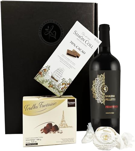 Geschenkset Rotwein mit Schokoladentrüffeln und dunkler Schokolade von FABELHAFTE GESCHENKE