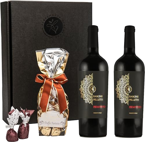 Geschenkset Rotwein Primitivo Barone Pelletti mit Schokoladentrüffeln und Feigen in Schokolade | Präsentkorb Wein und Schokolade für Männer und Frauen zum Geburtstag, Hochzeit und Jubiläum von FABELHAFTE GESCHENKE