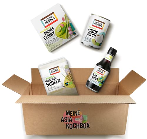 Fairtrade Original Asia Kochbox | Mild Thai Curry | Kochbox asiatisch mit Zutaten und Kochanleitung | vegane Zutaten | Reisnudeln, grünes Curry, Kokosmilch und Soja Sauce Geschenkset von fairtrade ORIGINAL