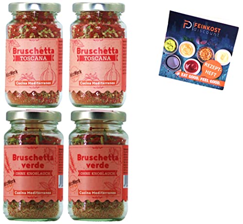 Gewürze Set mit 4 Gewürzmischungen: 2 Gläser Bruschetta Verde + 2 Gläser Bruschetta Toscana mit Rezeptheft, WürzWerk von fd feinkost discount