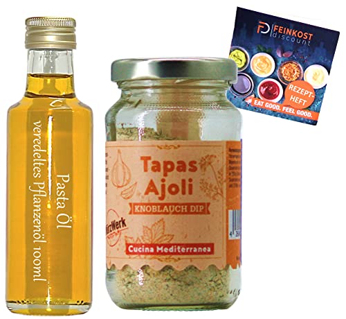 Probierset Mitbringsel | Feinkost | 100 ml Pasta Öl + Ajoli Dip Kräutermischung mit Rezeptheft von fd feinkost discount