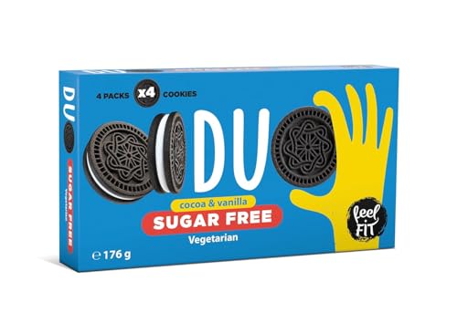 Feel FIT Duo Sugar Free Kakao Kekse mit Vanille Creme (12x 176g) – Süßigkeiten für Unterwegs ohne Zuckerzusatz - Schoko Sandwich Keksen (4 Tütchen mit 4 Keksen in der pack) von feel fit