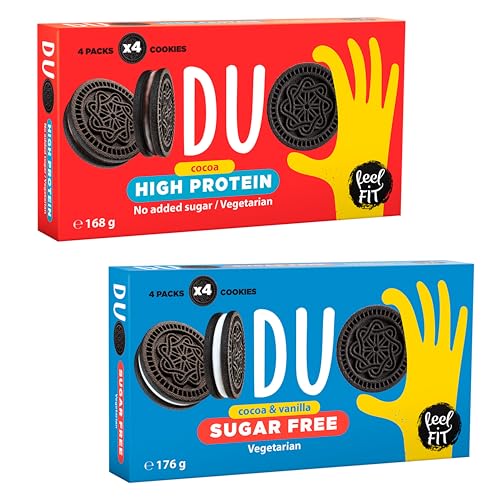 Feel FIT Duo Sugar Free Kakao Kekse mit Vanille Creme (6 st) und Duo High Protein Snacks (22% Eiweiß) mit Schokoladen Creme (6 st) – Süßigkeiten für Unterwegs ohne Zuckerzusatz im Mix-Duo-Set von feel fit