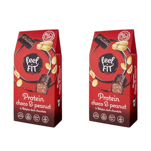 Feel FIT Protein Choco & Peanut, Protein Pralinen in Dunkler Belgischer Schokolade ohne Zucker, Zuckerfreie Süßigkeiten, Glutenfreie Schoko-Snacks, 17% Eiweiß, 1 Packung (83 g) (Packung mit 2) von feel fit