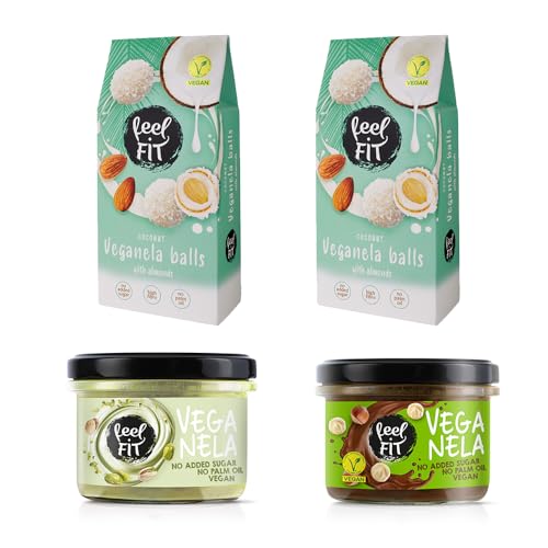 Feel FIT VEGANELA süße Aufstriche und Veganela balls pralines ohne Zuckerzusats, Mixbox: 1xKakao-Hazelnuss-Aufstrich, 1x45% Pistaziencreme, 2xVeganela Balls, 4er Pack (2x200 g, 2x63g) von feel fit