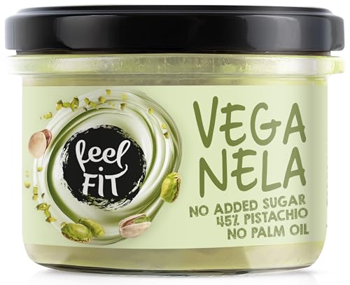 Feel FIT VEGANELA Pistaziencreme mit 45% Pistazien ohne zucker - veganer brotaushfistrich - Pistazienpaste für Eis, zum Backen, natürliche Pistazienmousse im Glas ohne Palmöl, 200 g von feel fit