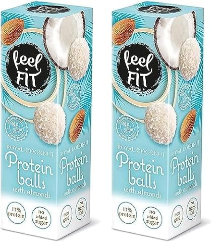 Feel FIT Zuckerfreie Kokos-Pralinen mit Mandeln á 27 g, Zuckerfreie Snack, Protein Balls mit Kokosraspeln (Packung mit 2) von feel fit