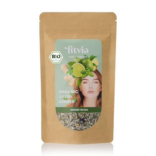 fitvia Bio Grüner Tee "Organic Green Ginger": loser Tee, biologischer Ingwer-Grüntee - echte Fruchtstücke, ohne Zuckerzusatz, 100g von fitvia