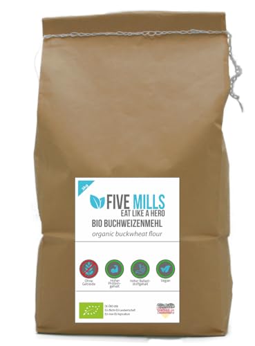 BIO Buchweizen Mehl 1x3kg - ideal um z.B. veganes Gebäck, Pfannkuchen oder Nudeln selber zu machen - geeignet für eine SLOWER CARB oder Keto Diät - 10% Eiweiß von five mills