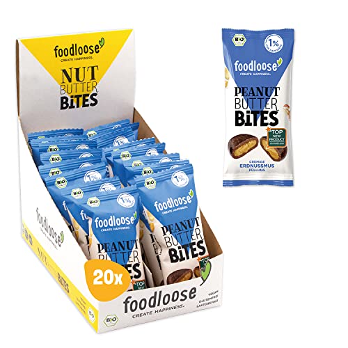 foodloose Bio-Peanut Butter Bites Erdnussmus | Leckerer Snack aus Datteln mit cremiger Erdnussbutter-Füllung | Vegan, Bio, glutenfrei & ohne raffinierten Zucker | Vorteilspack (20 x 40g) von foodloose