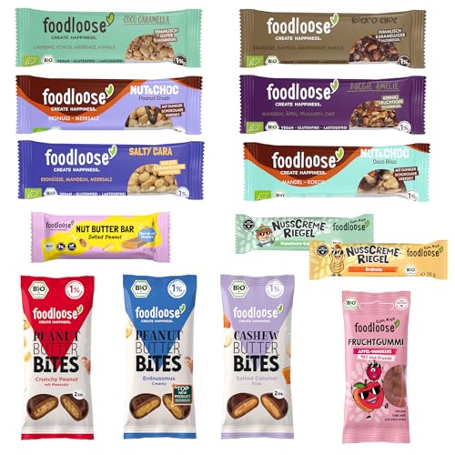 foodloose Bestseller-Paket | Leckerer Mix aus 13 unterschiedlichen Bio-Snacks: Nussriegeln, Fruchtgummis, Nut Butter Bites & Nusscreme-Riegeln | Bio, vegan, gluten- und laktosefrei von foodloose