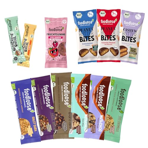 foodloose Mix-Paket | Leckerer Mix aus 12 beliebten Bio-Snacks: Nussriegeln, Fruchtgummis, Nut Butter Bites & Nusscreme-Riegeln | Bio, vegan, gluten- und laktosefrei von foodloose