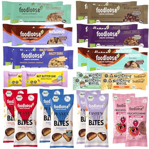 foodloose Mix-Paket | Leckerer Probiermix aus 26 Bio-Snacks: Nussriegeln, Fruchtgummis, Nut Butter Bites, Nusscreme-Riegeln & Nut Butter Bars | Bio, vegan, gluten- und laktosefrei von foodloose