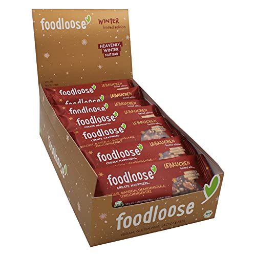 foodloose Bio-Nussriegel Lebkuchen | Vegane, laktose- und glutenfreie Bio-Riegel ohne raffinierten Zucker | Erdnüsse, Mandeln, Orangenschalen & Lebkuchengewürz | Vorteilspack (24 Riegel x 35g) von foodloose