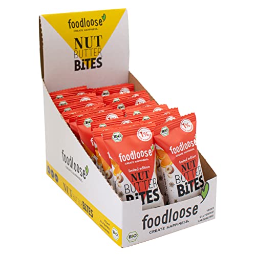 foodloose Bio-Nut Butter Bites Orange-Zimt | Weihnachtlicher Snack aus Datteln mit cremiger Nussmus-Orange-Zimt Füllung| Vegan, Bio, glutenfrei & ohne raffinierten Zucker | Vorteilspack (20 x 40g) von foodloose