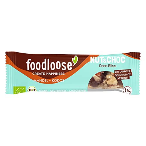 foodloose Bio-Nut&Choc Riegel Coco Bliss | Vegane, laktose- und glutenfreie Bio-Nussriegel ohne raffinierten Zucker | Dunkle Schokolade, Mandel & Kokos von foodloose