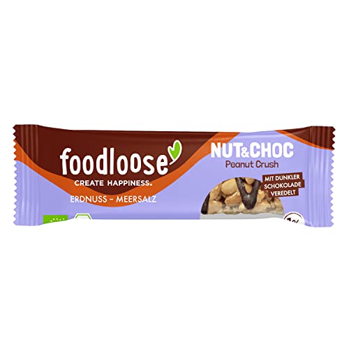 foodloose Bio-Nut&Choc Riegel Peanut Crush | Vegane, laktose- und glutenfreie Bio-Nussriegel ohne raffinierten Zucker | Dunkle Schokolade, Erdnuss & Meersalz von foodloose