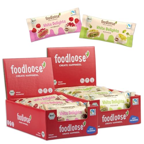 foodloose Bundle White Delights | Leckere Bites in veganer weißen Schokolade mit Pistazie- & Himbeerefüllung | Bio, vegan, glutenfrei & ohne künstliche Zusätze | Vorteilspack (24 x 40g) von foodloose