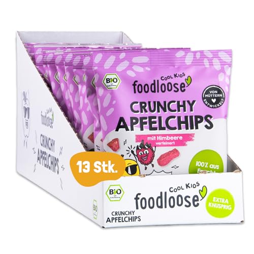 foodloose Crunchy Apfelchips Himbeere | Knusprige Fruchtchips schonend vakuumgetrocknet | 100% Frucht, Bio, ohne Zuckerzusatz, vegan & glutenfrei |Knabberspaß für Groß und Klein| 13er Pack (13 x 16g) von foodloose