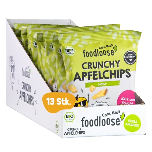 foodloose Crunchy Apfelchips Natur | Knusprige Fruchtchips schonend vakuumgetrocknet | 100% Frucht, Bio, ohne Zuckerzusatz, vegan & glutenfrei |Knabberspaß für Groß und Klein| 13er Pack (13 x 16g) von foodloose