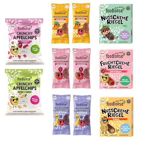 fooodloose COOL KIDS Probierpaket |Leckerer Bio Süßigkeiten Mix mit 17 Snacks ohne raffinierten Zucker, vegan & weizenfrei | Box mit Fruchtgummis, Frucht- und Nusscreme-Riegel & Apfelchips von foodloose