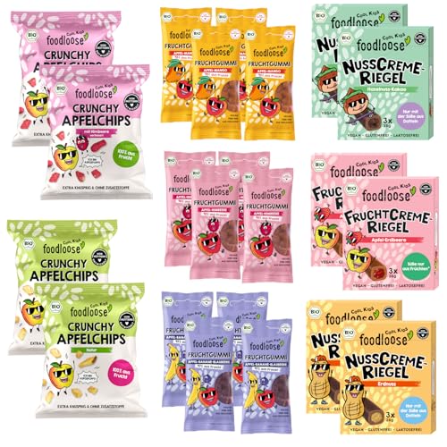 fooodloose COOL KIDS Probierpaket |Leckerer Bio Süßigkeiten Mix mit 34 Snacks ohne raffinierten Zucker, vegan & weizenfrei | Box mit Fruchtgummis, Frucht- und Nusscreme-Riegel & Apfelchips von foodloose