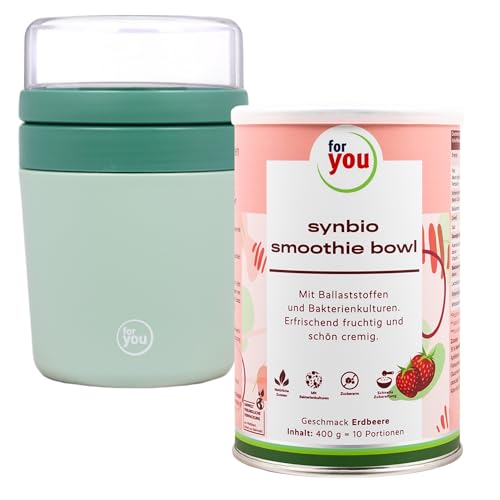 for you Müslibecher to Go + synbio smoothie sowl Erdbeere 400 g (10 Portionen) - Praktischer Müslibecher to Go 500 ml + 150 ml mit Edelstahl-Becher und Löffel + Smoothie Bowl zum Löffeln von for you