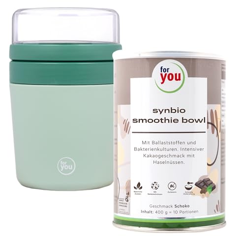 for you Müslibecher to Go + synbio smoothie sowl Schoko 400 g (10 Portionen) - Praktischer Müslibecher to Go 500 ml + 150 ml mit Edelstahl-Becher und Löffel + Smoothie Bowl zum Löffeln von for you