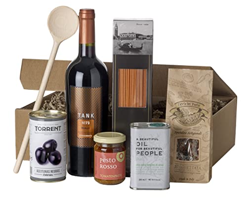 Wein-Geschenkset"Kochbox Spaghettata" | 1 Flasche Rotwein, Gewürzmischung, Spaghetti mit Peperoni, Olivenöl, Pesto Rosso, Oliven und Kochlöffel von freund