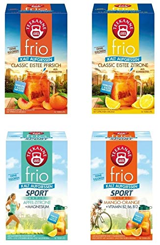 Teekanne frio 4er Eistee-Sport Mix - mit den neuen Sorten Classic Eistee Zitrone und Pfirsich, Sport Apfel-Zitrone und Mango-Orange mit Vitaminen (4 x 45g) von frio