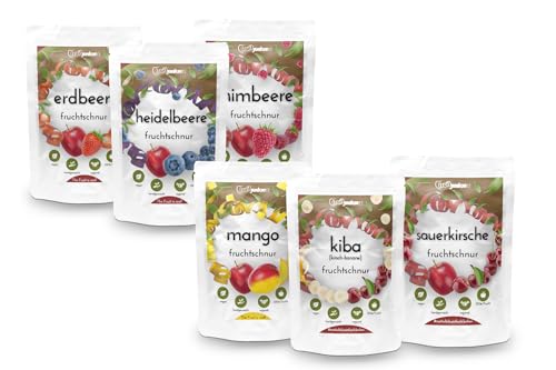 Fruitjunkies - Getrockneter Fruchtsnack "Probierpaket" - 6x 80g Fruchtschnüre - getrocknete Früchte als gesunde Snacks - gesunde Süßigkeiten ohne Zuckerzusatz - vegan & regional hergestellt von Fruitjunkies